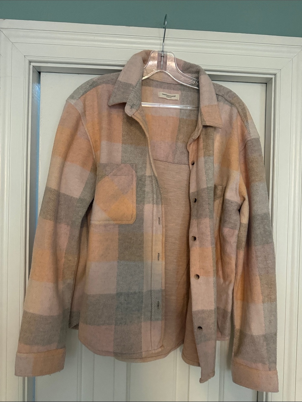Women's Plaid Shacket Jacket in Peach and Beige